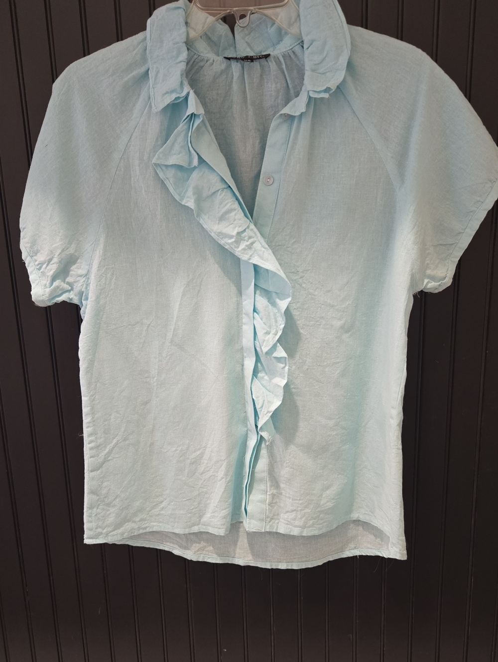 Light Blue Ruffle-Front Short Sleeve Blouse